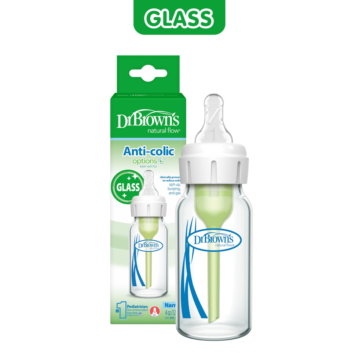 Dr. Brown's Anti-Colic Options+ Narrow Glass Baby Bottle, 8 oz, 4-Pack