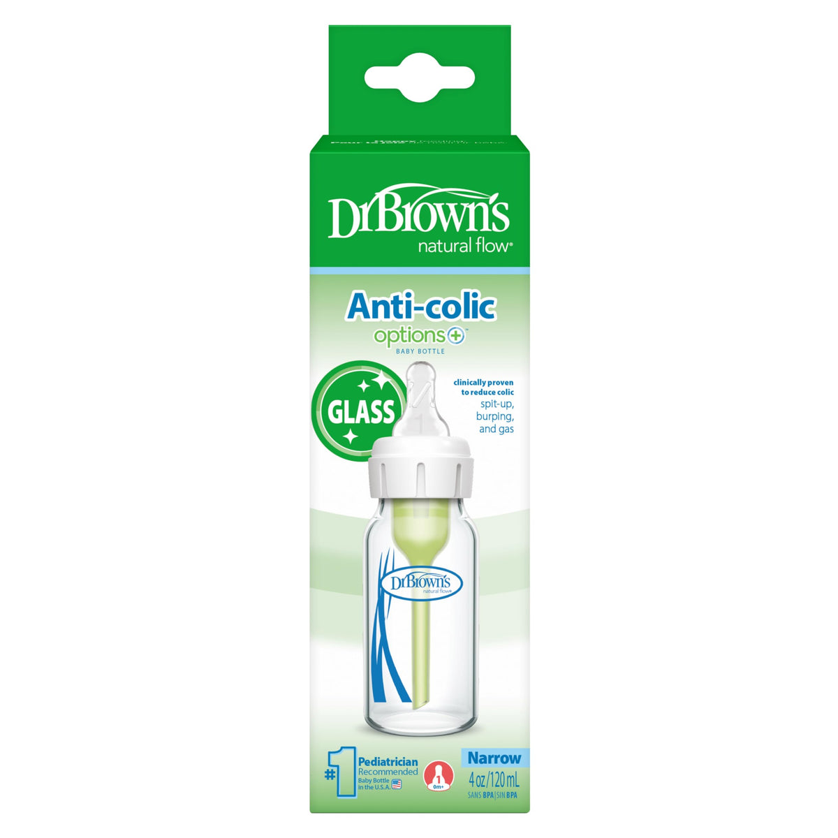 Dr. Brown's Anti-Colic Options+ Narrow Glass Baby Bottle, 8 oz, 4-Pack