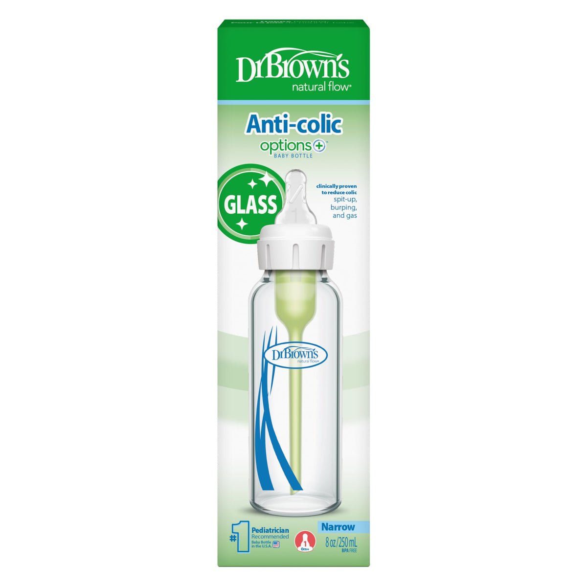 Dr. Brown's Anti-Colic Options+ Narrow Glass Baby Bottle, 8 oz, 4-Pack