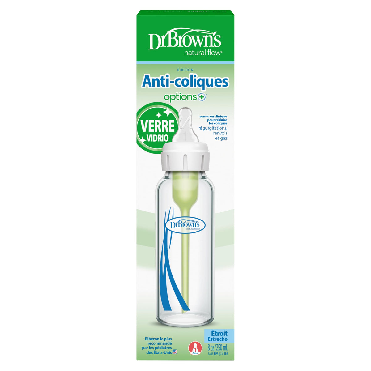Dr. Brown's Anti-Colic Options+ Narrow Glass Baby Bottle, 8 oz, 4-Pack