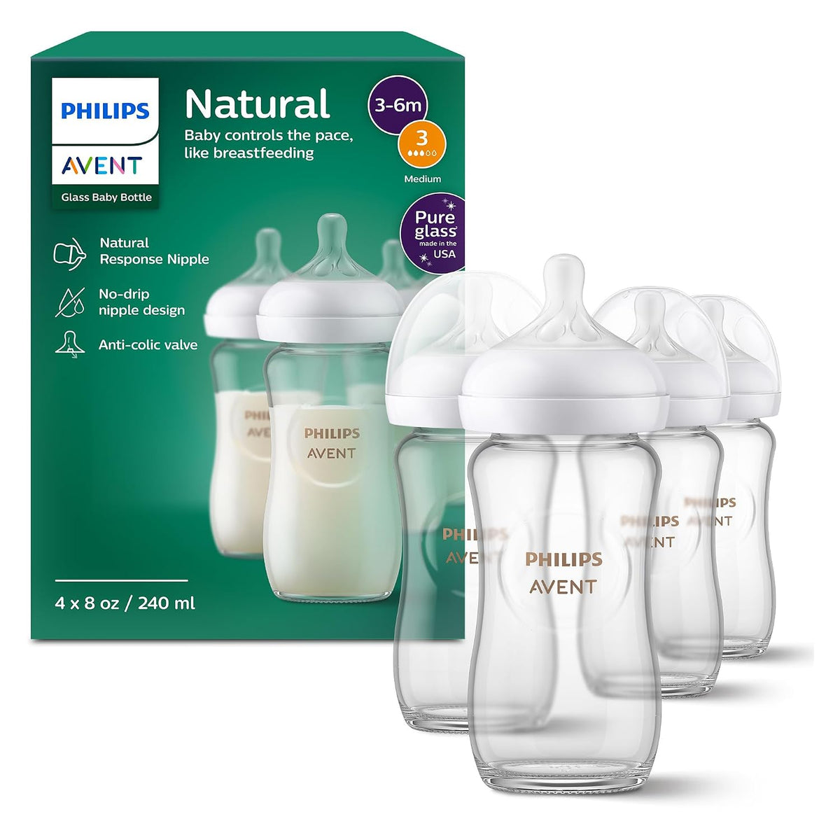 Philips Avent Natural Glass Baby Bottles, Slow Flow, 4 oz, BPA-Free, 4-Pack