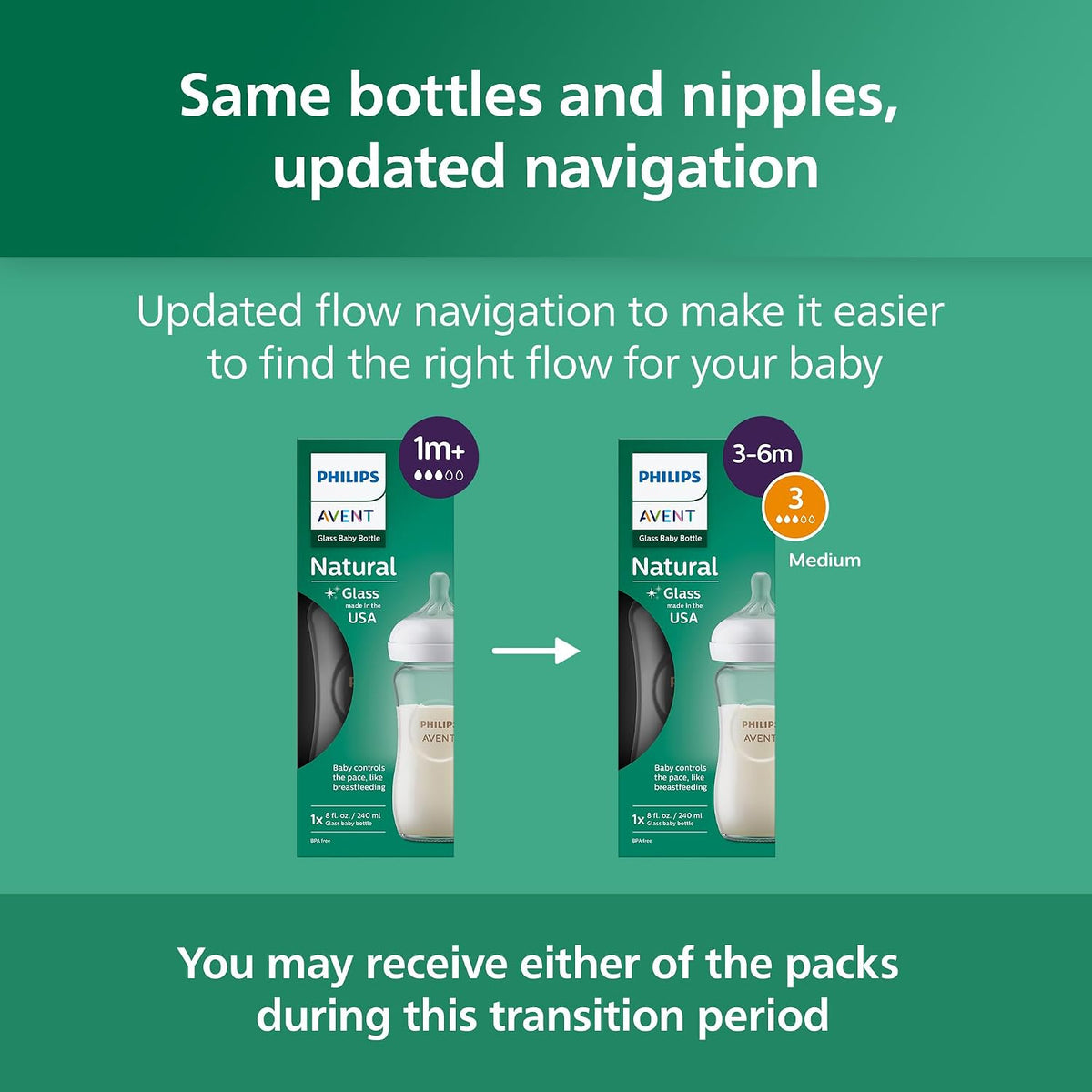 Philips Avent Natural Glass Baby Bottles, Slow Flow, 4 oz, BPA-Free, 4-Pack