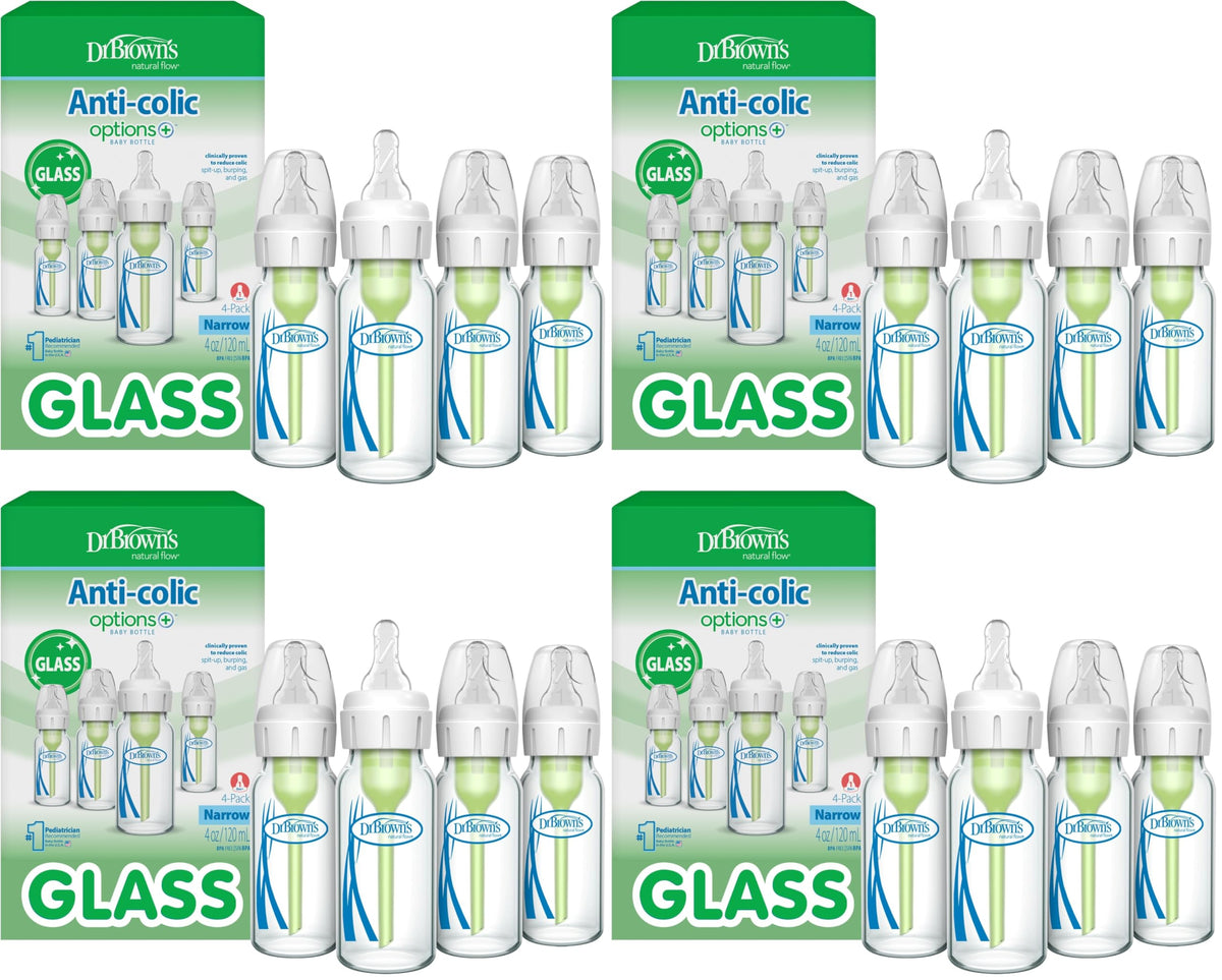 Dr. Brown's Anti-Colic Options+ Narrow Glass Baby Bottle, 8 oz, 4-Pack