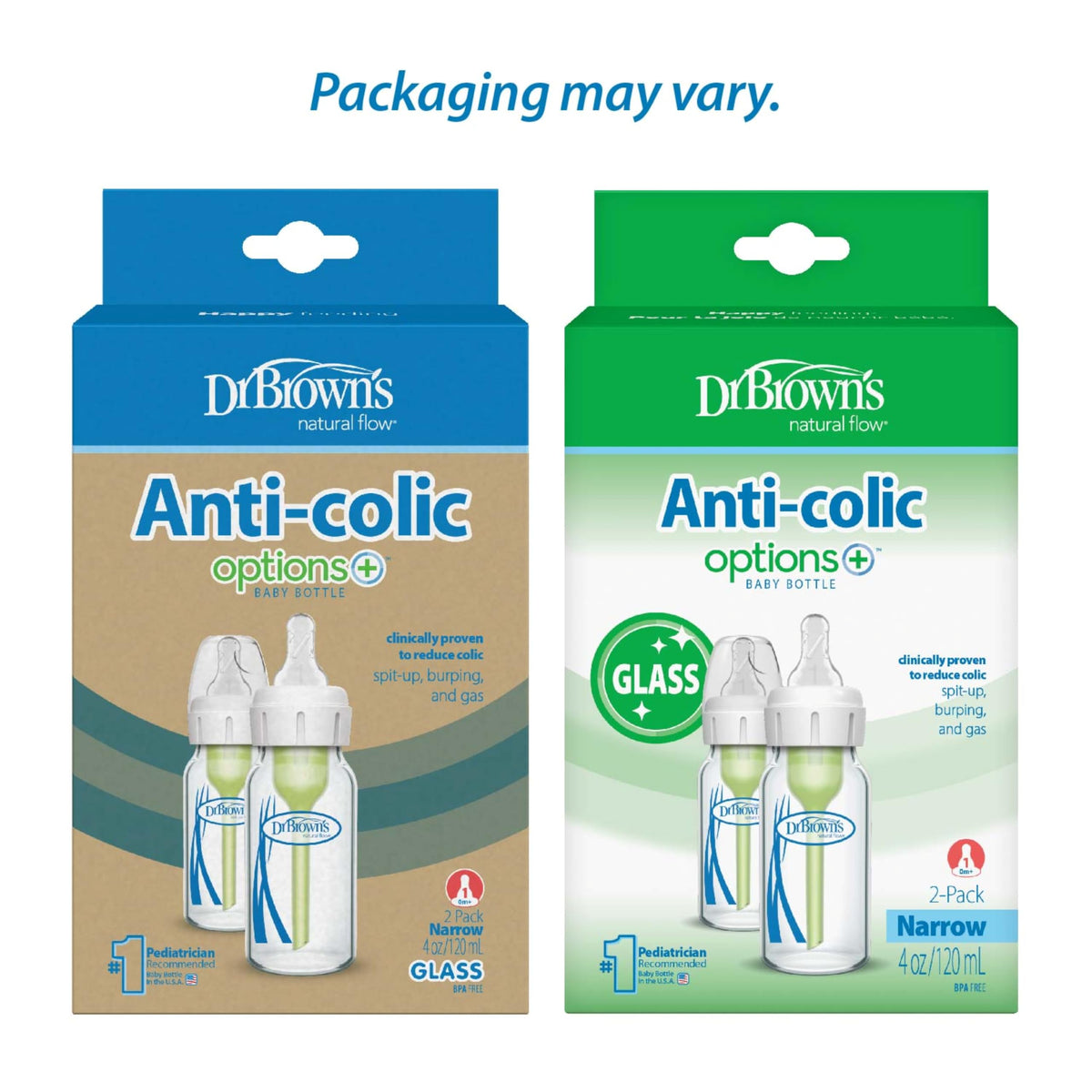 Dr. Brown's Anti-Colic Options+ Narrow Glass Baby Bottle, 8 oz, 4-Pack