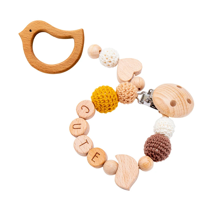 NEW 1PC Baby Wooden Pacifier Chain Clip Customizable Silicone Wooden Teether Bpa Free Personalized Baby Wooden Teething Ring Toy