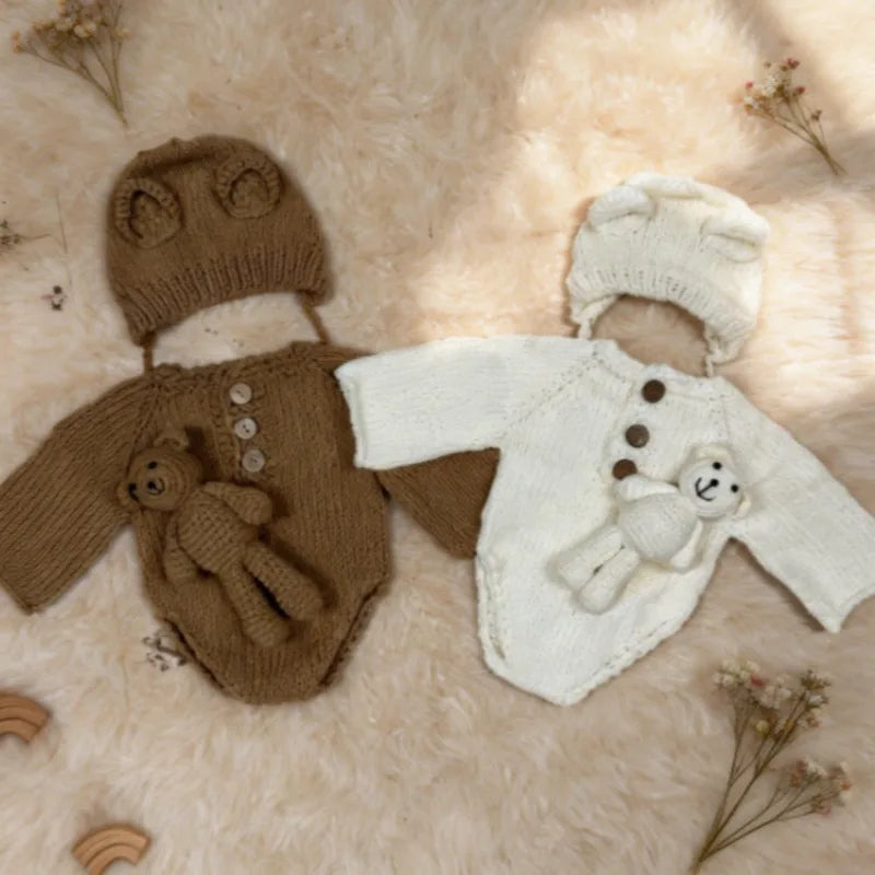 Handmade Knit Newborn Baby Photography Props Cute Bear Theme Hat Jumpsuit Toy 3Pcs Set Infant Photo Studio Shooting Outfits