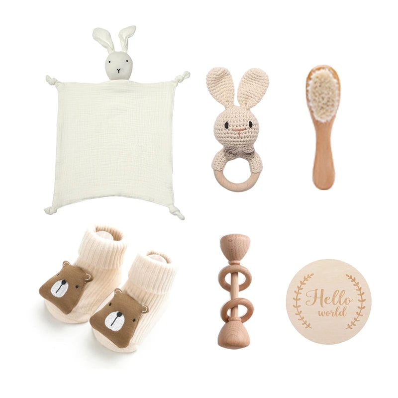 Let's Make Baby Bath Toy Set Double Sided Cotton Blankets Crochet Rattle Wooden Ring Infant Teether Bath Brush For Newborn Gift