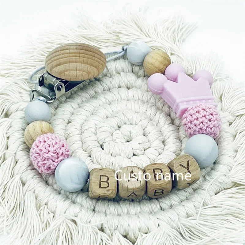 Custom Name Silicone Beads Wooden Ring Pacifier