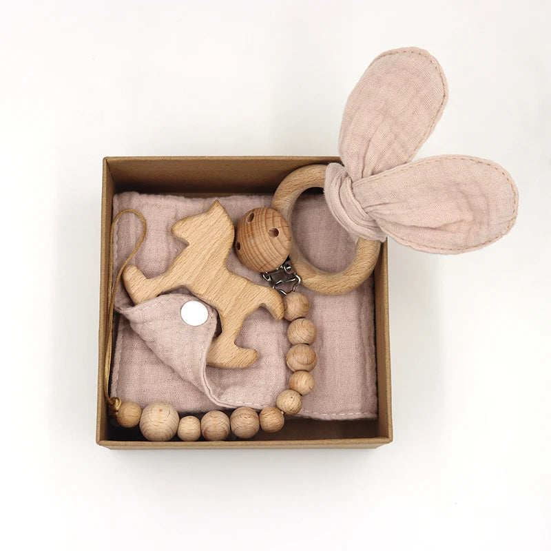 Wooden Ring Newborn Pacifier Chain Baby Gift Set
