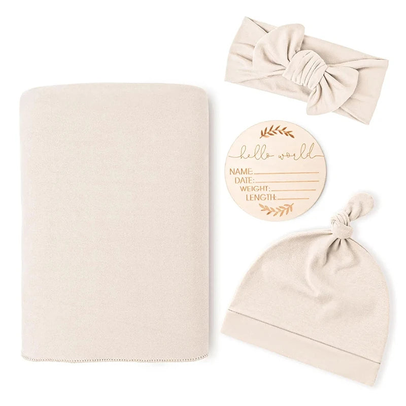 Newborn Baby Receiving Blanket with Matching Headband and Beanie Set