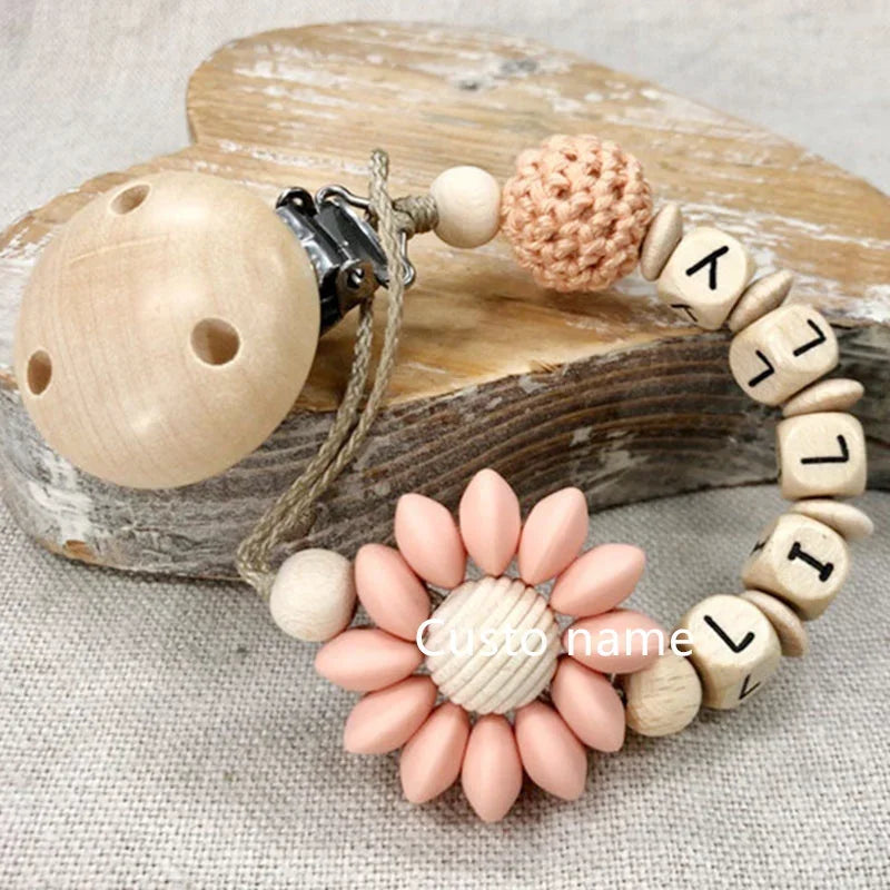 Custom Name Silicone Beads Wooden Ring Pacifier
