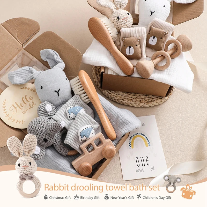Let's Make Baby Bath Toy Set Double Sided Cotton Blankets Crochet Rattle Wooden Ring Infant Teether Bath Brush For Newborn Gift