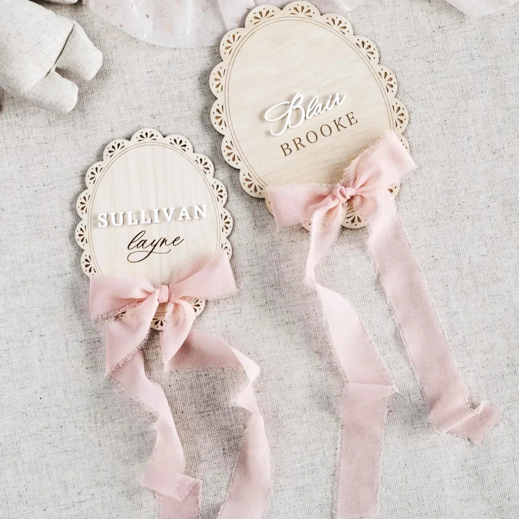 Ribbon Bow Scalloped Hospital Birth Plaque