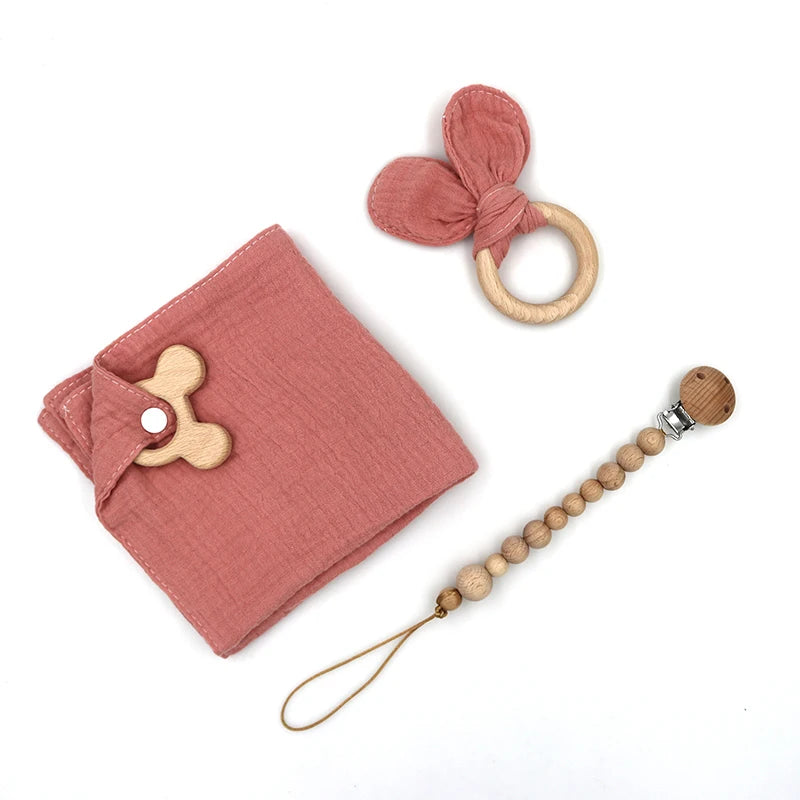 New 100% Muslin Cotton Baby Comforting Towel Bunny Teether Wooden Ring Newborn Pacifier Chain Baby Gift Set