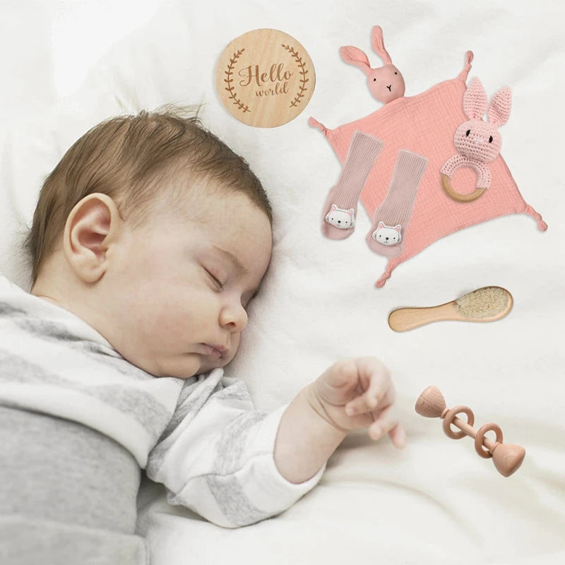 Let's Make Baby Bath Toy Set Double Sided Cotton Blankets Crochet Rattle Wooden Ring Infant Teether Bath Brush For Newborn Gift