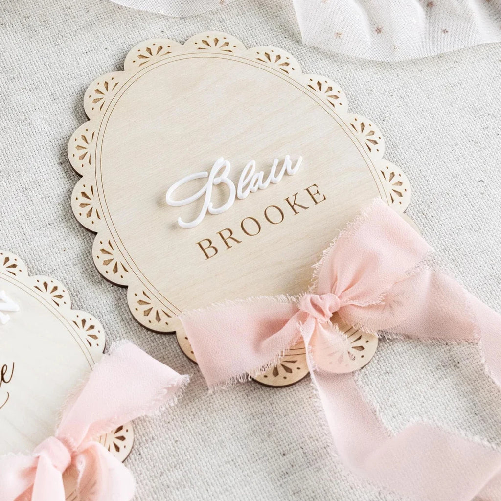 Ribbon Bow Scalloped Hospital Birth Plaque