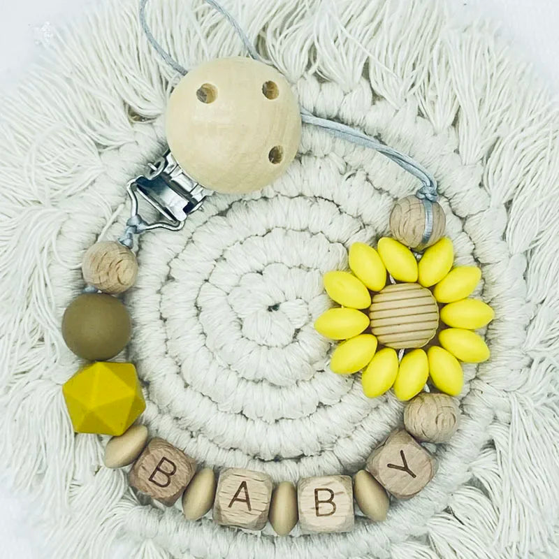 Custom Name Silicone Beads Wooden Ring Pacifier
