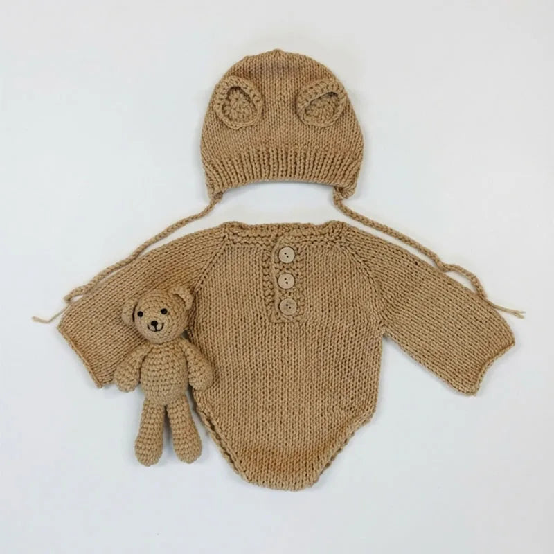 Handmade Knit Newborn Baby Photography Props Cute Bear Theme Hat Jumpsuit Toy 3Pcs Set Infant Photo Studio Shooting Outfits