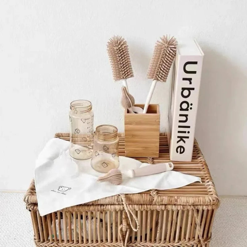 Korean Ins Newborn Bottle Nipple Brush Baby Special Long-handled Cleaning Brush Silicone Cleaning Brush Set