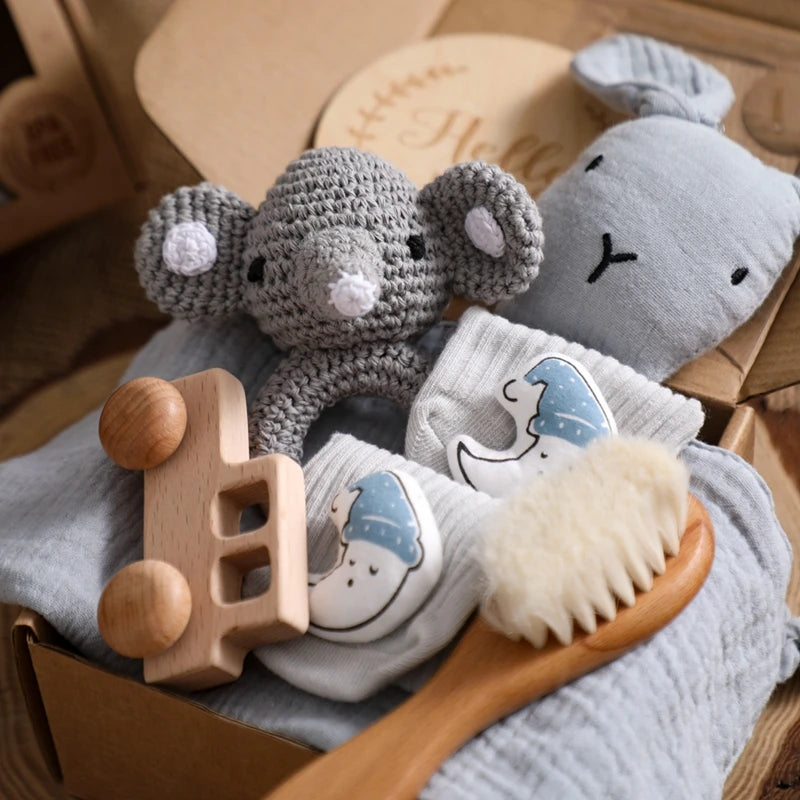 Let's Make Baby Bath Toy Set Double Sided Cotton Blankets Crochet Rattle Wooden Ring Infant Teether Bath Brush For Newborn Gift