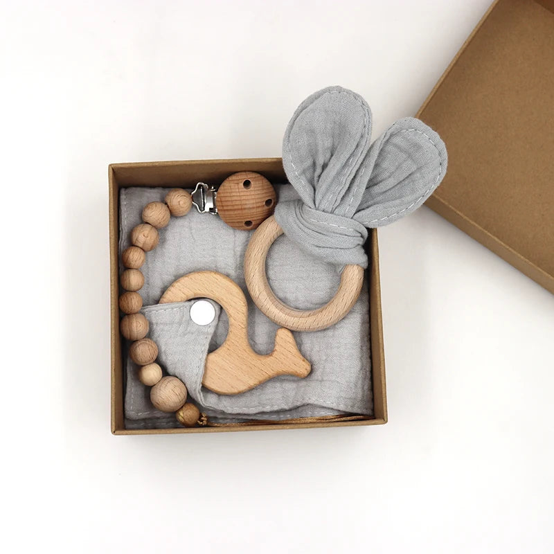 New 100% Muslin Cotton Baby Comforting Towel Bunny Teether Wooden Ring Newborn Pacifier Chain Baby Gift Set