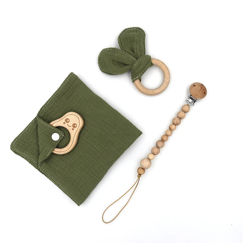 New 100% Muslin Cotton Baby Comforting Towel Bunny Teether Wooden Ring Newborn Pacifier Chain Baby Gift Set