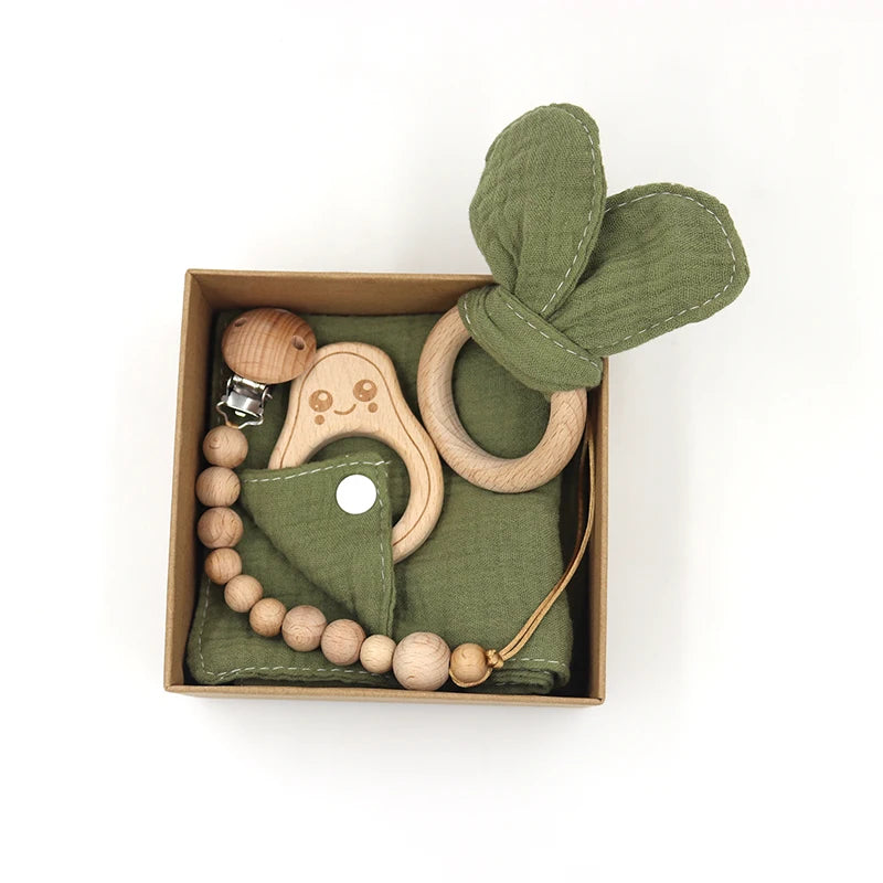 New 100% Muslin Cotton Baby Comforting Towel Bunny Teether Wooden Ring Newborn Pacifier Chain Baby Gift Set