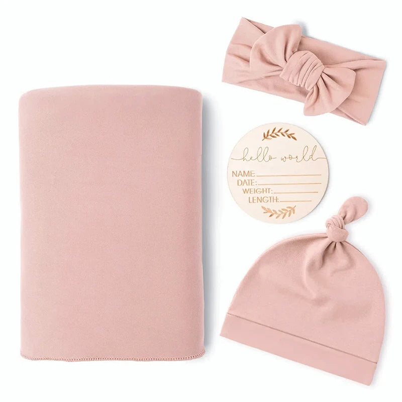Newborn Baby Receiving Blanket with Matching Headband and Beanie Set