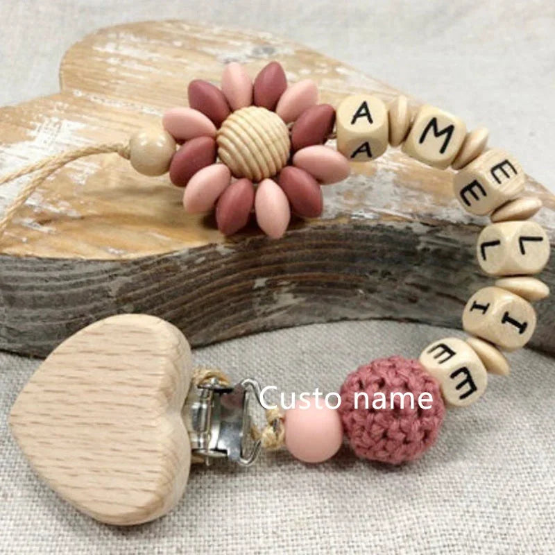 Custom Name Silicone Beads Wooden Ring Pacifier