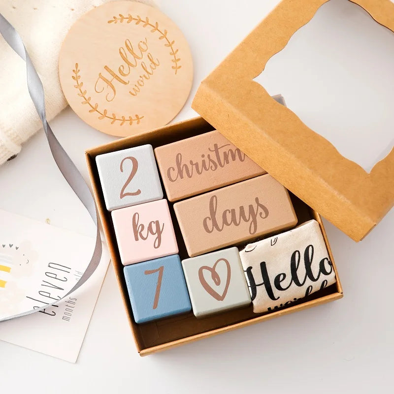 7Pcs Newborn Wooden Milestone Colorful Blocks