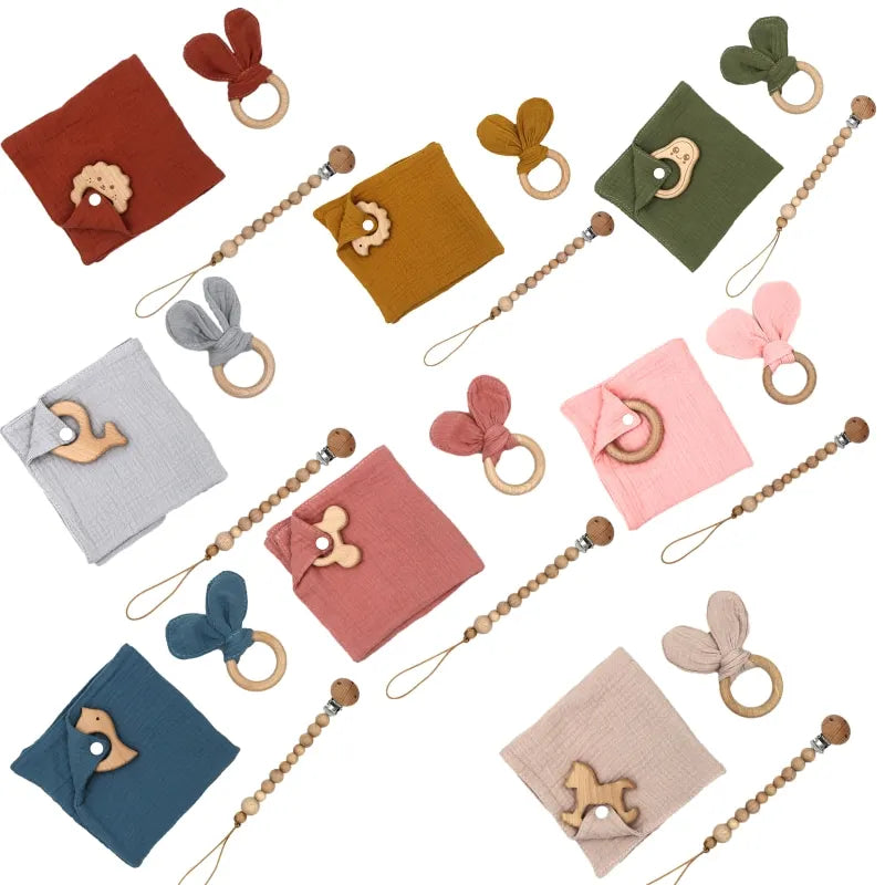 New 100% Muslin Cotton Baby Comforting Towel Bunny Teether Wooden Ring Newborn Pacifier Chain Baby Gift Set