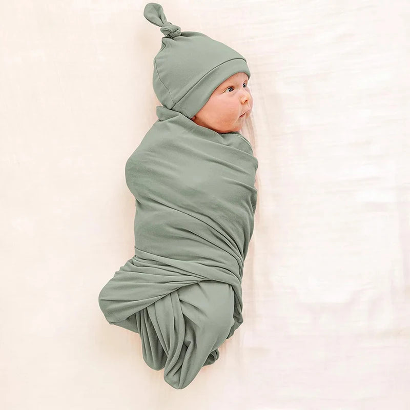 Newborn Baby Receiving Blanket with Matching Headband and Beanie Set