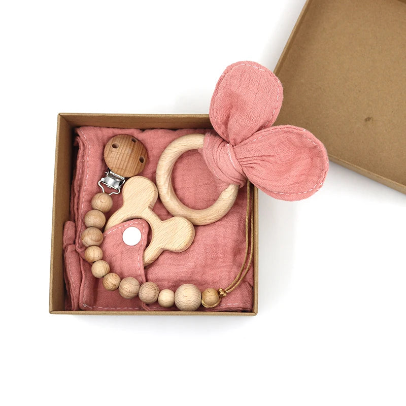 Wooden Ring Newborn Pacifier Chain Baby Gift Set