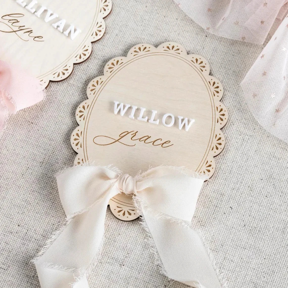 Ribbon Bow Scalloped Hospital Birth Plaque