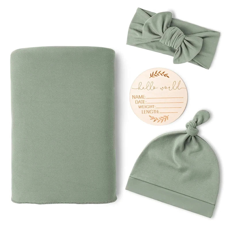 Newborn Baby Receiving Blanket with Matching Headband and Beanie Set