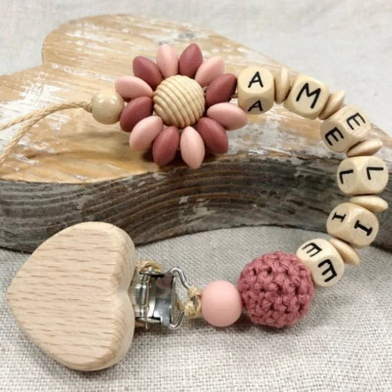 Custom Name Silicone Beads Wooden Ring Pacifier