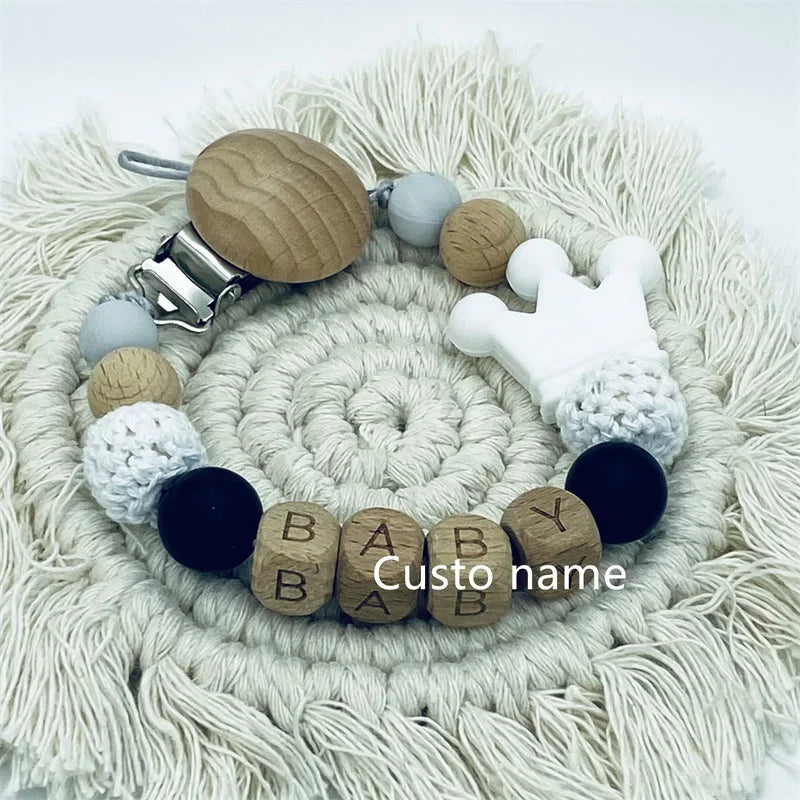 Custom Name Silicone Beads Wooden Ring Pacifier