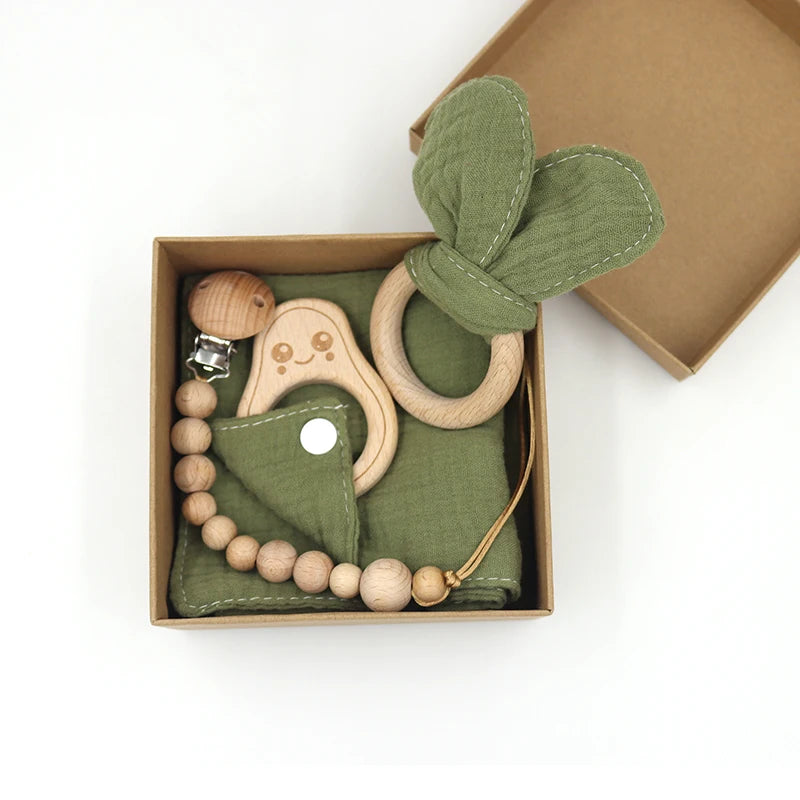 Wooden Ring Newborn Pacifier Chain Baby Gift Set