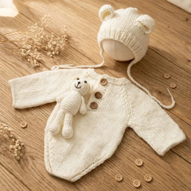 Handmade Knit Newborn Baby Photography Props Cute Bear Theme Hat Jumpsuit Toy 3Pcs Set Infant Photo Studio Shooting Outfits