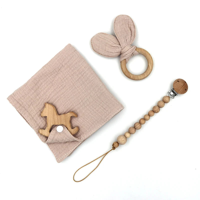 New 100% Muslin Cotton Baby Comforting Towel Bunny Teether Wooden Ring Newborn Pacifier Chain Baby Gift Set