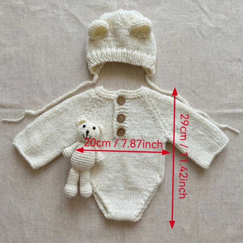 Handmade Knit Newborn Baby Photography Props Cute Bear Theme Hat Jumpsuit Toy 3Pcs Set Infant Photo Studio Shooting Outfits