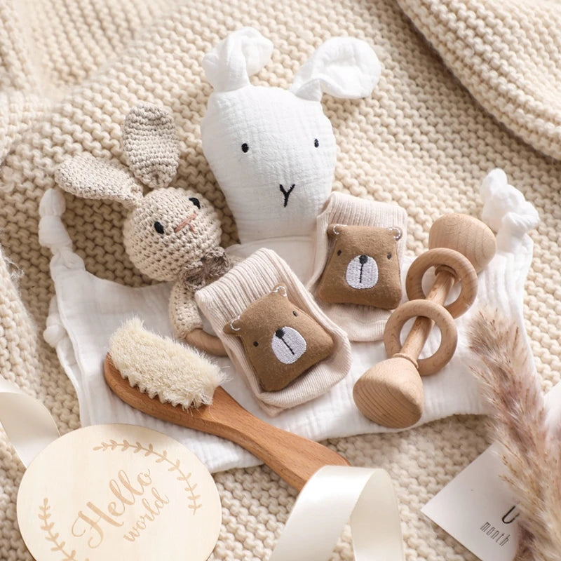 Let's Make Baby Bath Toy Set Double Sided Cotton Blankets Crochet Rattle Wooden Ring Infant Teether Bath Brush For Newborn Gift
