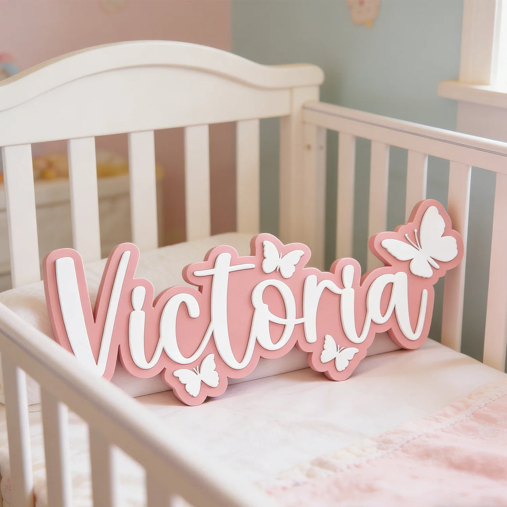 Wooden surname brand with butterfly pattern